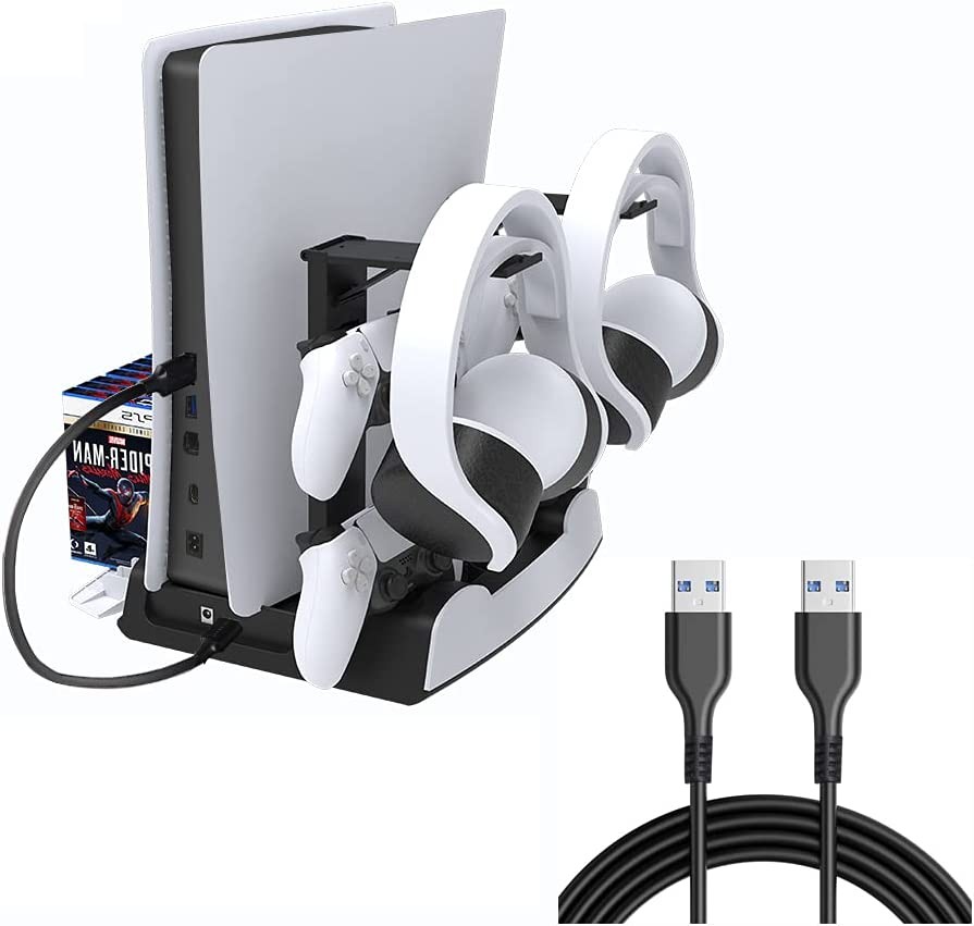 EJGAME PS5 Vertical Stand Dual Charging Station with Suction Cup Cooling Fan for PS5 Console and PS5 Digital Edition, Built-in Headphone Stand, Media Remote Stand and 13 Game Stand Organizer