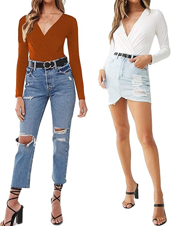 LINMON Women's Long Sleeve Bodysuit Diagonal Ruched Low Cut V Neck Stretch Jumpsuit Bodysuit, A1 Rust Orange, Small