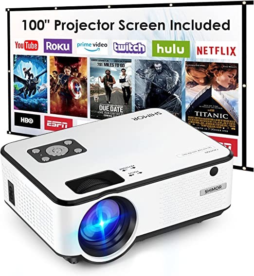 SHIMOR C9 Portable Movie Projector with 100-inch (about 2.54m) projector screen, TV stick that supports 1080P, video games, HDMI, USB, TF, VGA, AUX, AV